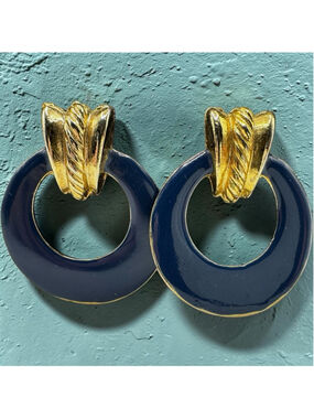 Vintage Door Knocker Gold Plated Navy Blue & Gold Tone Dangle Earrings